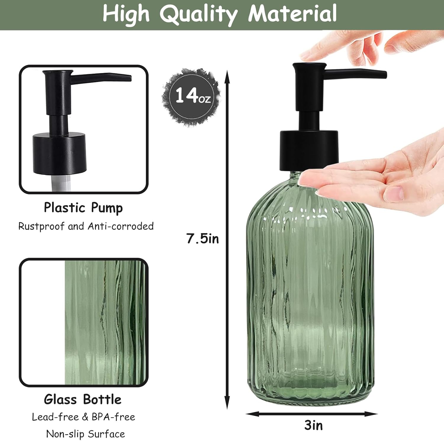 Green Glass Soap Dispenser Set with Black Pump, 13.5oz Refillable Liquid Hand Soap Dispenser, Lotion Dish Soap Dispenser for Modern Home Decor, Bathroom, Kitchen Countertop, Hotel(2 Pack)-1