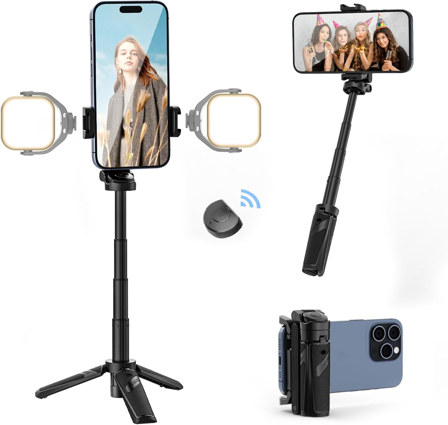 ULANZI JJ02 Selfie Stick Tripod, Extendable Grip Phone Tripod with Detachable Remote Pocket Size, 3-in-1 Mini Phone Grip 2 Cold Shoe, 10m/393.7'' Wireless Shutter, Vlog Livestreaming Photography-0