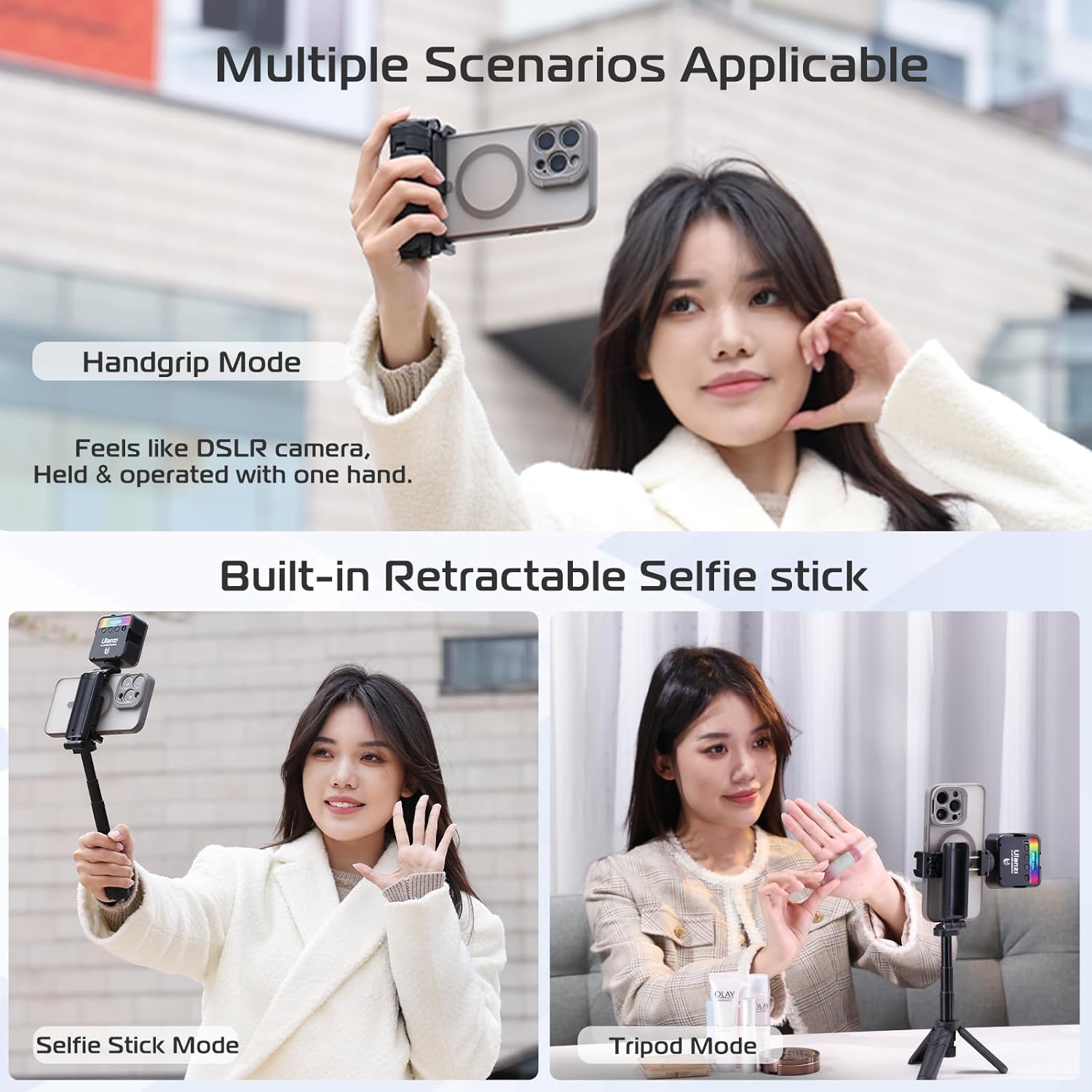 ULANZI JJ02 Selfie Stick Tripod, Extendable Grip Phone Tripod with Detachable Remote Pocket Size, 3-in-1 Mini Phone Grip 2 Cold Shoe, 10m/393.7'' Wireless Shutter, Vlog Livestreaming Photography-1