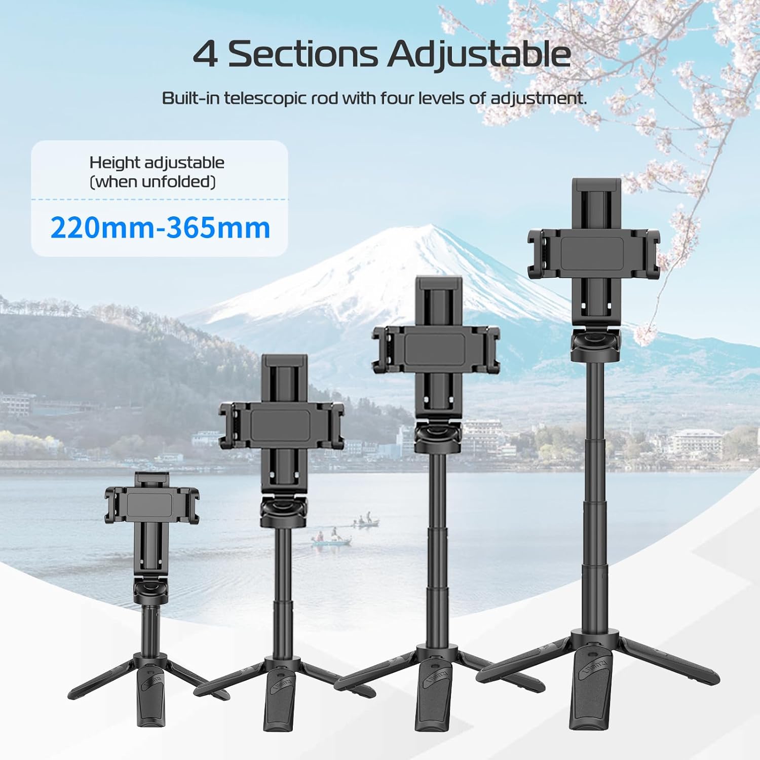 ULANZI JJ02 Selfie Stick Tripod, Extendable Grip Phone Tripod with Detachable Remote Pocket Size, 3-in-1 Mini Phone Grip 2 Cold Shoe, 10m/393.7'' Wireless Shutter, Vlog Livestreaming Photography-2