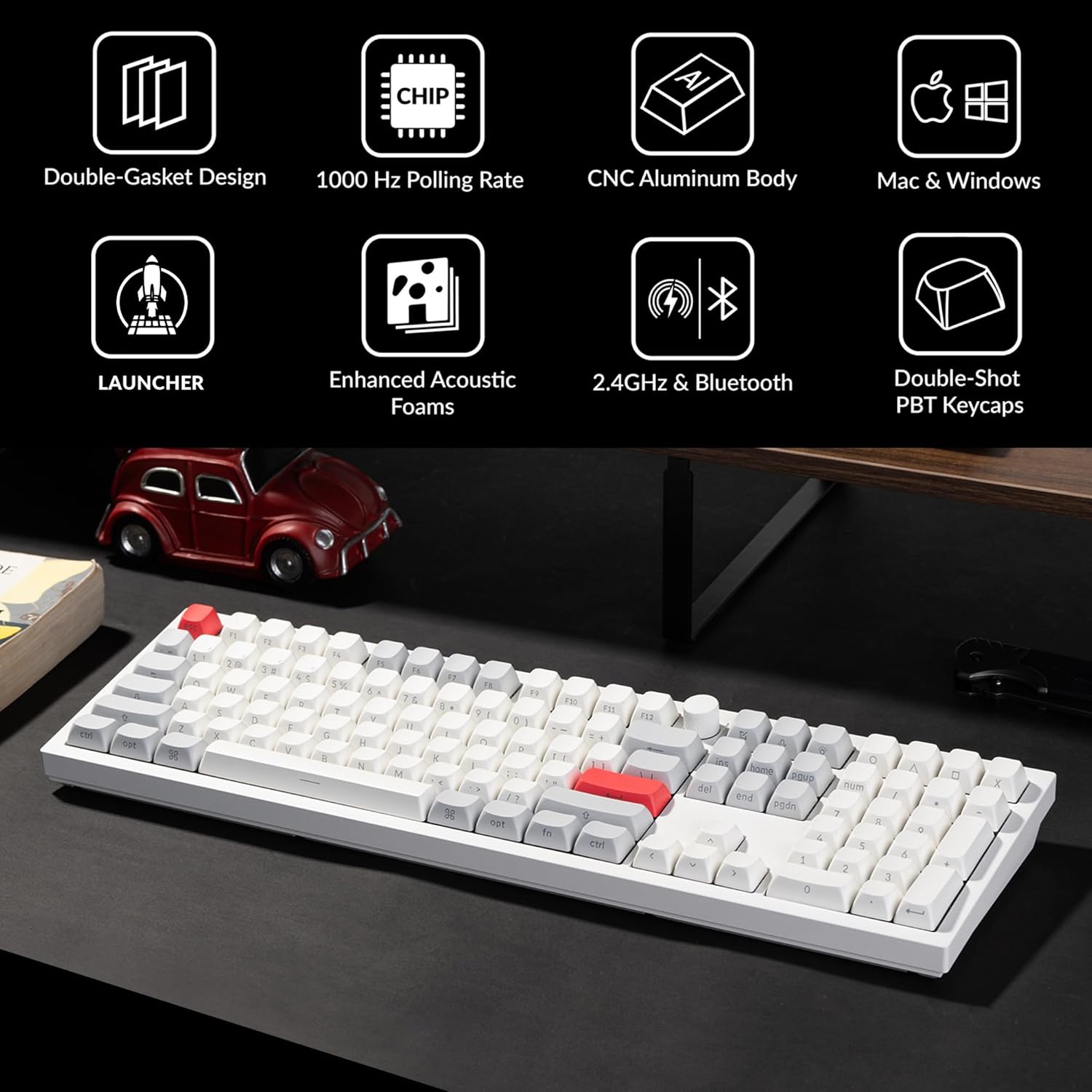 Keychron Q6 Max QMK/Launcher Wireless Bluetooth/2.4 GHz/USB-C Wired Custom Mechanical Keyboard, Full Size Programmable Knob RGB Backlit Hot-Swappable Gateron Red Switch for Mac Windows Linux - White-1