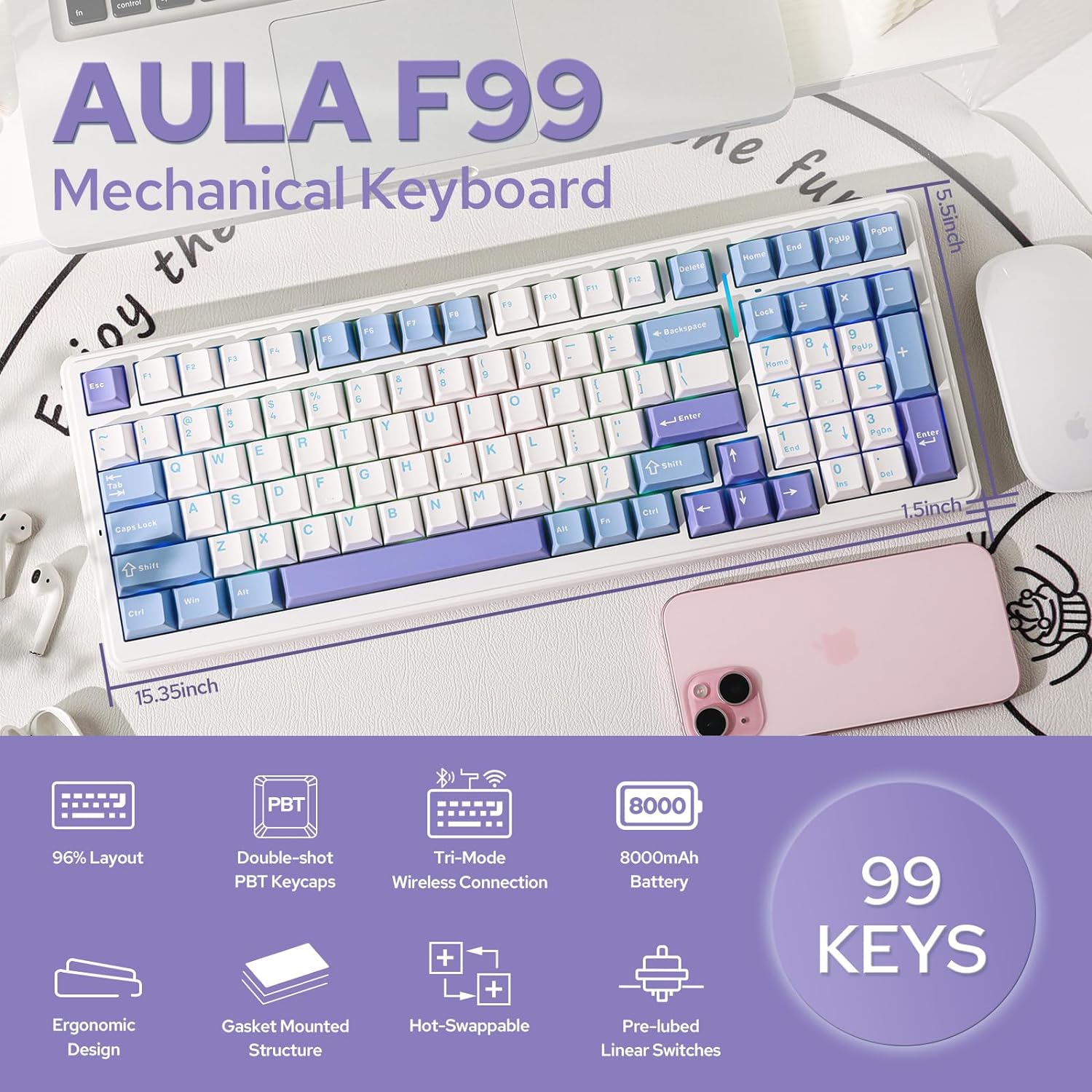 EPOMAKER x Aula F99 Wireless Mechanical Keyboard, Hot Swappable Gasket Custom Gaming Keyboard with Five-Layer Padding, Bluetooth/2.4GHz/USB-C, 8000mAh Battery (White Light Blue, Graywood V3 Switch)-1