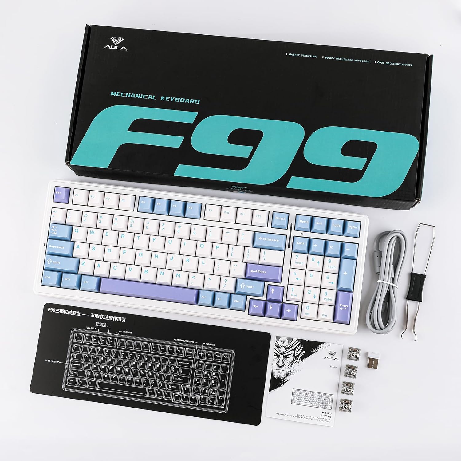 EPOMAKER x Aula F99 Wireless Mechanical Keyboard, Hot Swappable Gasket Custom Gaming Keyboard with Five-Layer Padding, Bluetooth/2.4GHz/USB-C, 8000mAh Battery (White Light Blue, Graywood V3 Switch)-7