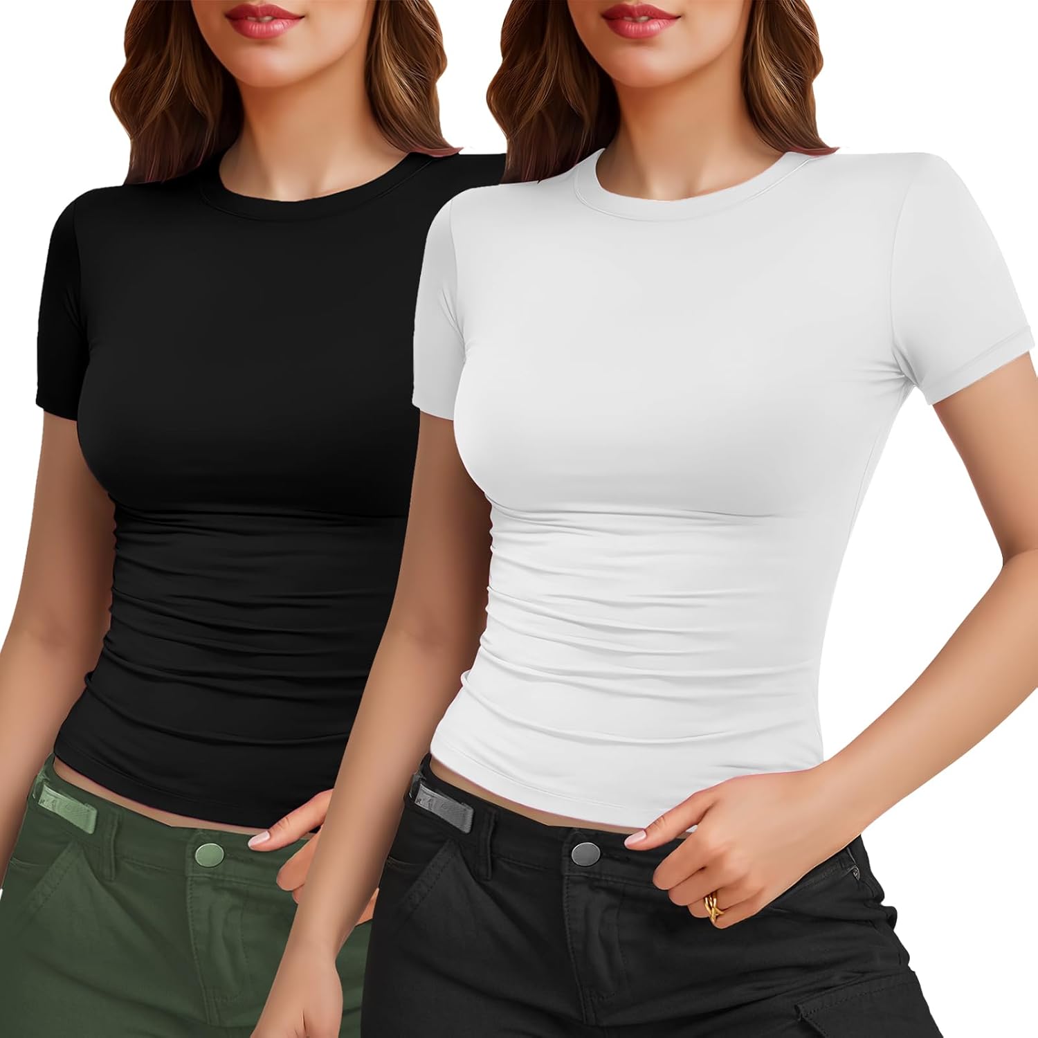 YOGINGO 2 Pack Womens Basic Short Sleeve Crew Neck T Shirt Slim Fit Tee 2024 Summer Y2k Going Out Crop Tops Tight Shirts-0