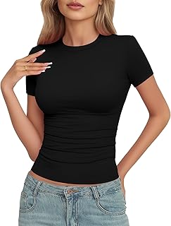 YOGINGO Womens Basic Short Sleeve Crew Neck T Shirt Slim Fit Tees 2024 Summer Y2k Going Out Crop Tops Cute Tight Shirts