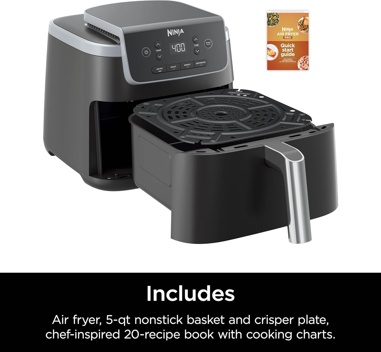 Ninja Air Fryer Pro 4-in-1 with 5 QT Capacity, Air Fry, Roast, Reheat, Dehydrate, Air Crisp Technology with 400F for hot, crispy results in just minutes, Nonstick Basket & Crisper Plate, Grey, AF141-8