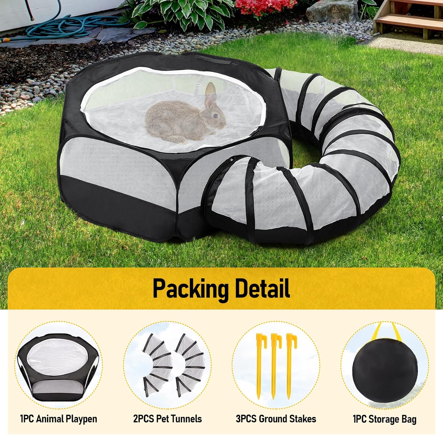 Small Animal Playpen with Surround Tunnel,Waterproof Guinea Pig Cage Breathable Rabbit Cage with Top Cover Pop Open Ferret Toys Hamster Playpen for Chicken Cat Dog Indoor Outdoor Exercise-4