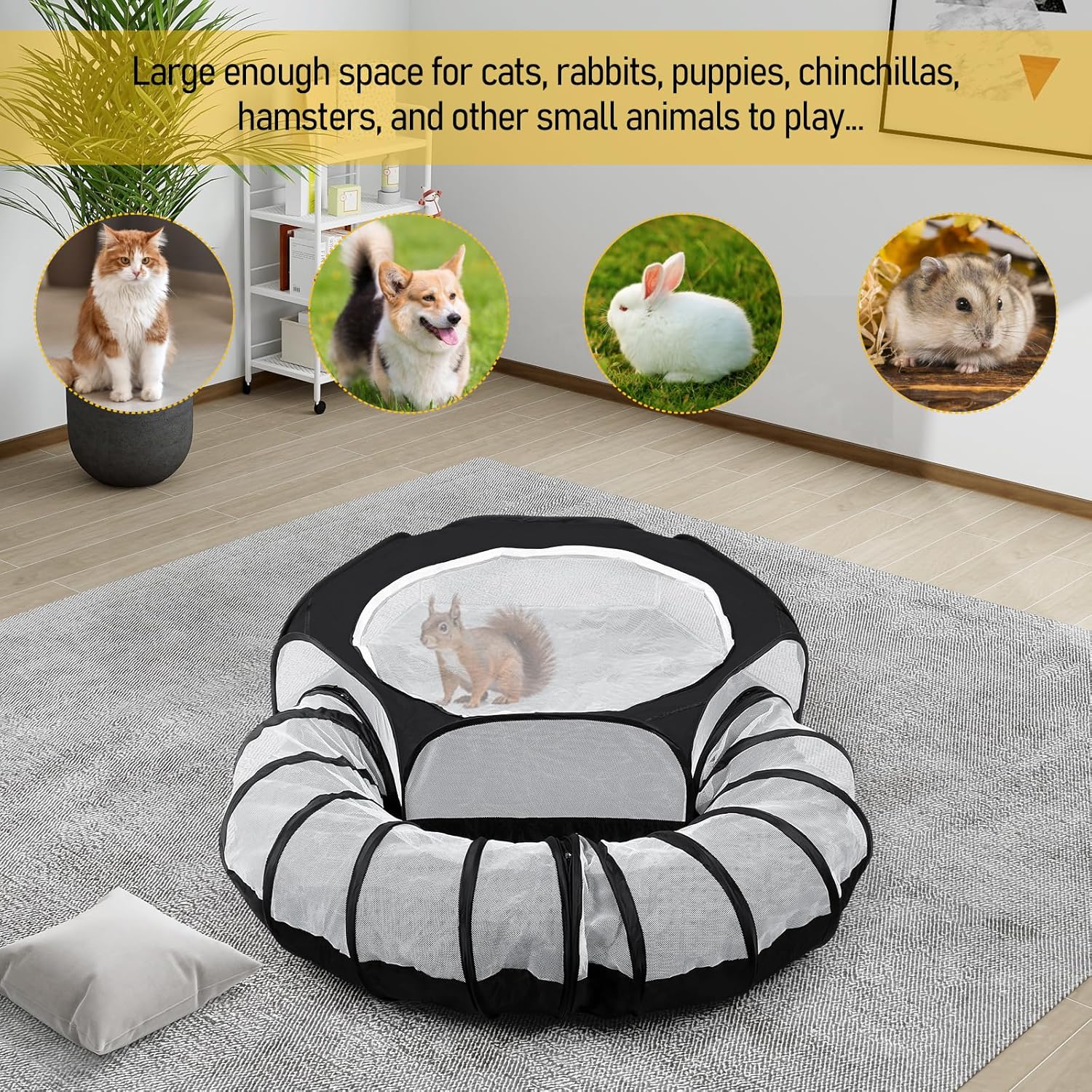 Small Animal Playpen with Surround Tunnel,Waterproof Guinea Pig Cage Breathable Rabbit Cage with Top Cover Pop Open Ferret Toys Hamster Playpen for Chicken Cat Dog Indoor Outdoor Exercise-6