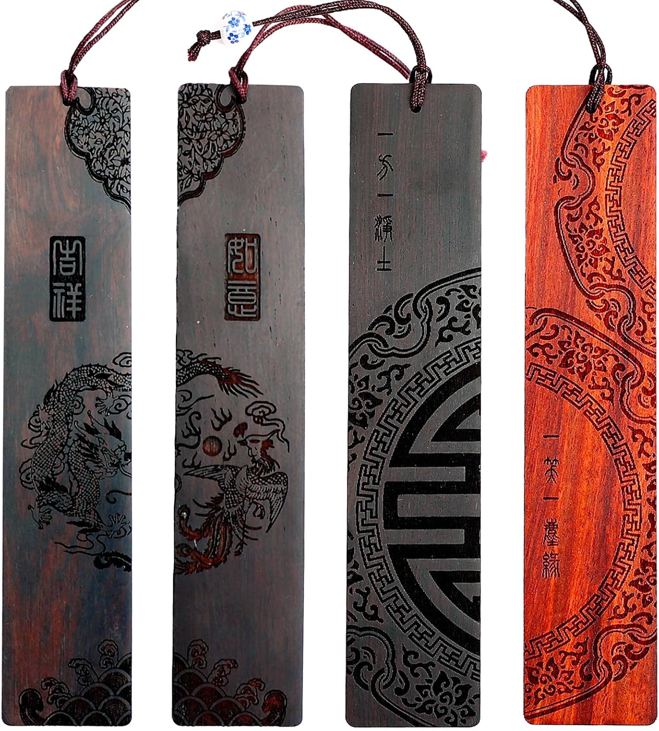 Toirxarn Wooden Bookmarks with Chinese Dragon & Phoenix Design – Hand-Carved Traditional Art Nice Gift for Book Lovers Teachers – Ideal for Birthdays Anniversaries and Special Occasions (4-Pack)-0