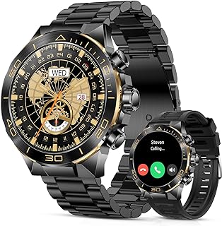 Smart Watch for Men Answer/Make Call for Android iPhone, 1.43" AMOLED HD Screen Mens Luxury Watch, 400mAh Heavy Duty Smartwatch Heart Rate Blood Oxygen Blood Pressure Sleep Monitor Pedometer, 2 Straps