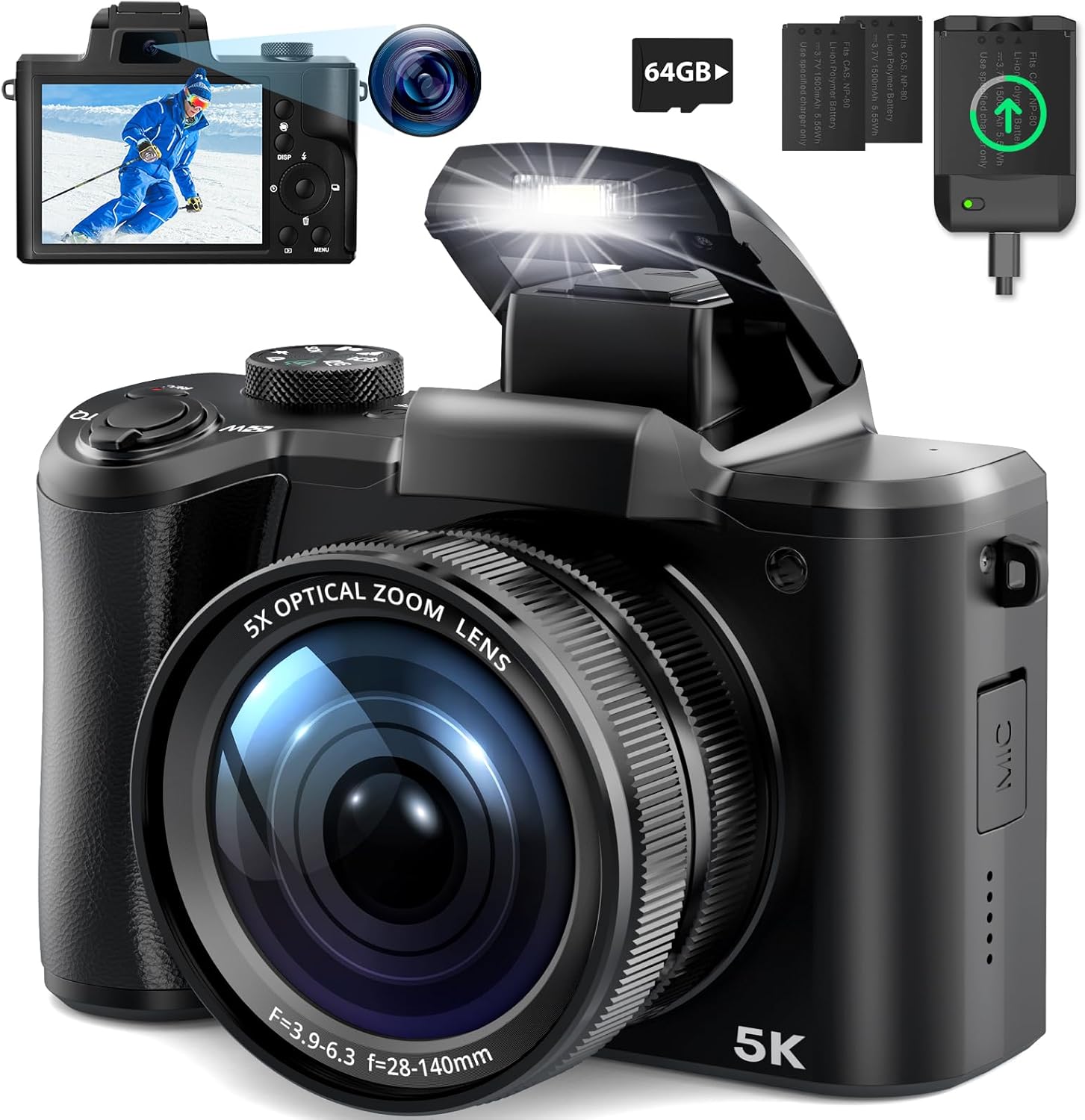 5K Digital Camera for Photography, Newest 64MP Autofocus Vlogging Camera for YouTube with Front and Rear Lens, 5X Optical Zoom Compact Travel Camera with 3.2 inch Touch Screen, 64GB Card(Black)-0