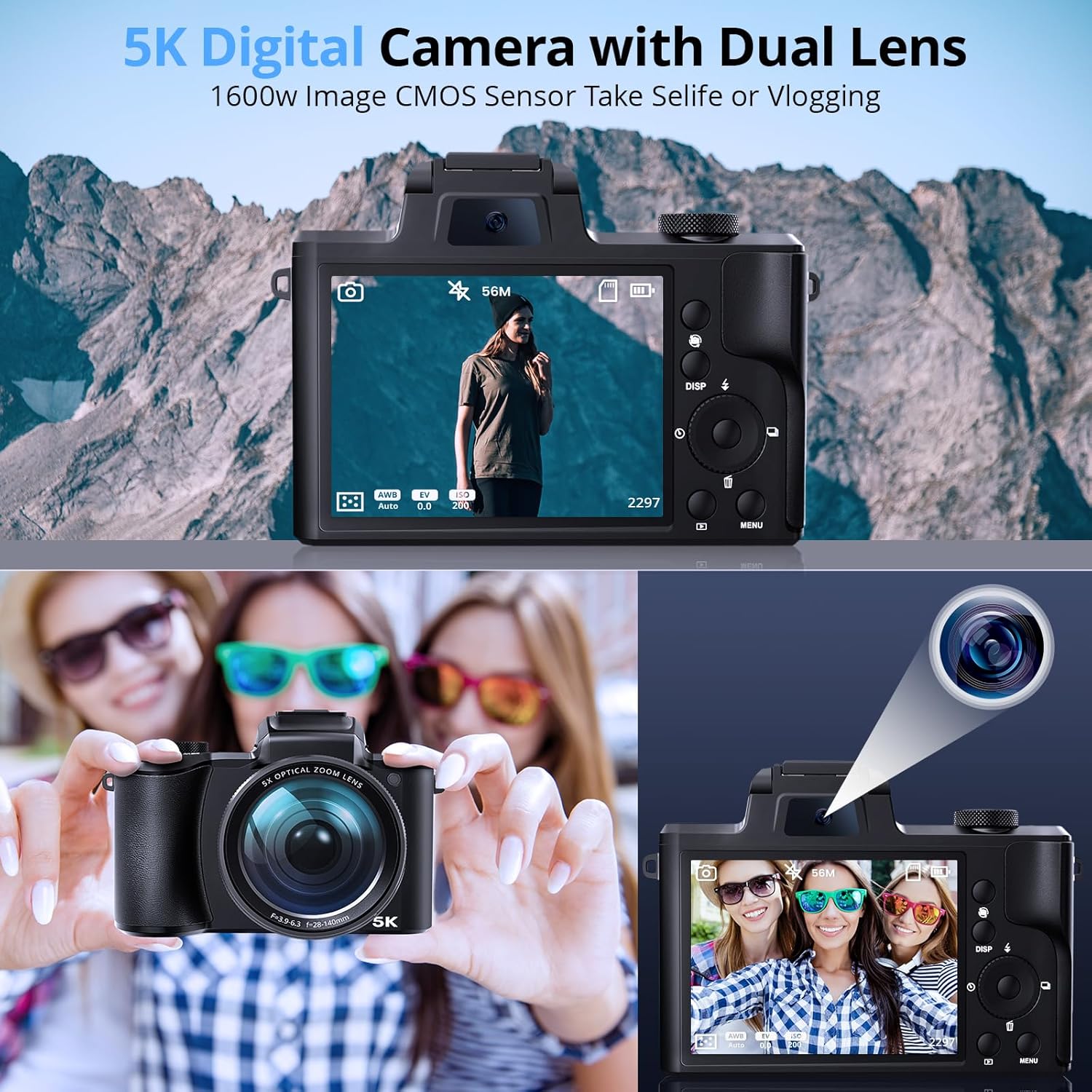 5K Digital Camera for Photography, Newest 64MP Autofocus Vlogging Camera for YouTube with Front and Rear Lens, 5X Optical Zoom Compact Travel Camera with 3.2 inch Touch Screen, 64GB Card(Black)-5