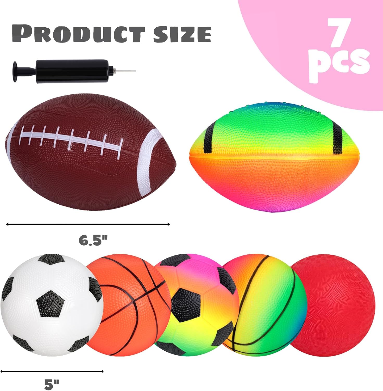 AMOR PRESENT 7PCS Playground Balls, Sports Balls for Toddler Rubber Balls Sport Ball Toy with Pump 5 Inch for Kids Gifts Indoor Outdoor-5