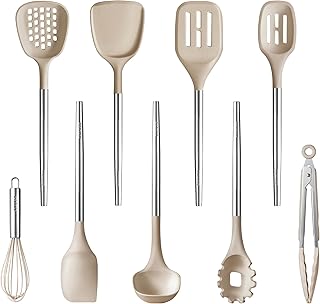 CAROTE 9PCS Kitchen Utensils Set, Silicone Kitchen Utensils Set with Stainless Steel Handle for Non-Stick Cookware Set, Dishwasher Safe, Brown