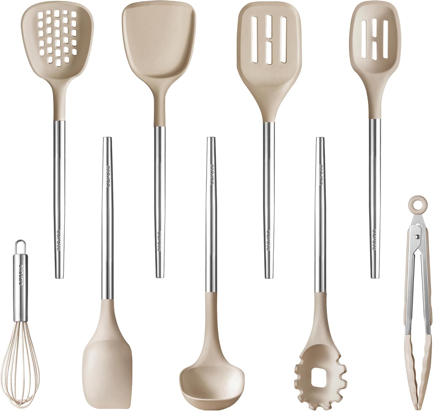 CAROTE 9PCS Kitchen Utensils Set, Silicone Kitchen Utensils Set with Stainless Steel Handle for Non-Stick Cookware Set, Dishwasher Safe, Brown-0