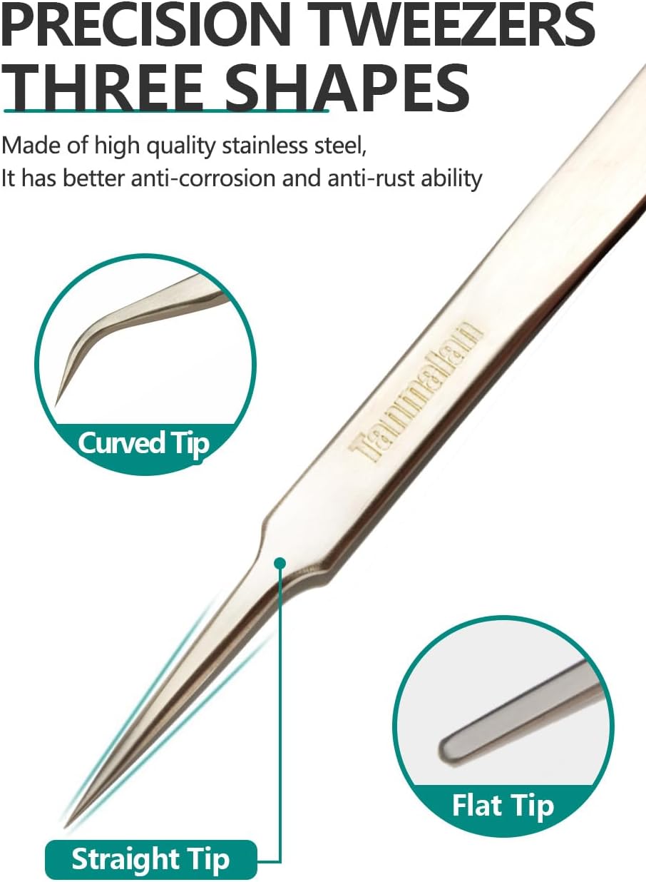 Tanmalan Precision Tweezers, Non-Magnetic Industrial Tweezers,Stainless Steel Pointed Tweezers for Craft, Electronics, Soldering, Medical and Experimental Work, Jewelry-Making (3 in 1 set)-1