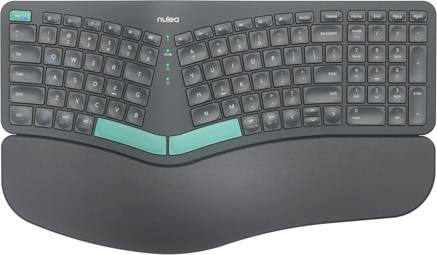 Nulea RT05B Wireless Ergonomic Keyboard, Split Keyboard with Cushioned Wrist Rest, Bluetooth and USB Connectivity, USB-C Rechargeable, Compatible with Windows Mac-0