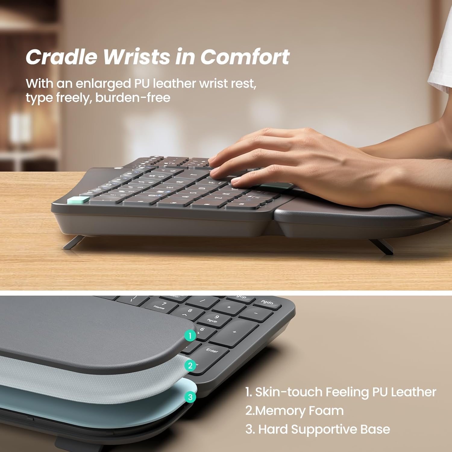 Nulea RT05B Wireless Ergonomic Keyboard, Split Keyboard with Cushioned Wrist Rest, Bluetooth and USB Connectivity, USB-C Rechargeable, Compatible with Windows Mac-4