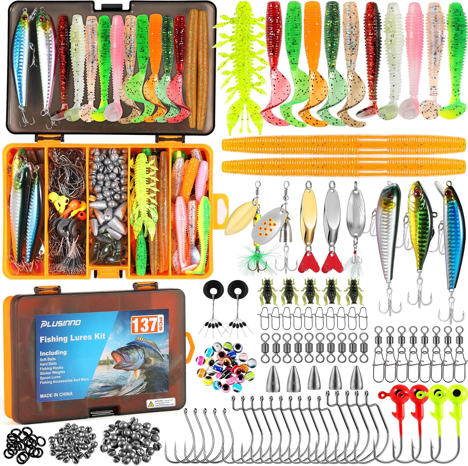 PLUSINNO Fishing Lures, 137Pcs Tackle Box with Tackle Included, Crankbaits, Spoon, Hooks, Weights & Other Accessories, Fishing Bait Lure Gear Kit Gift for Men Bass Freshwater-0