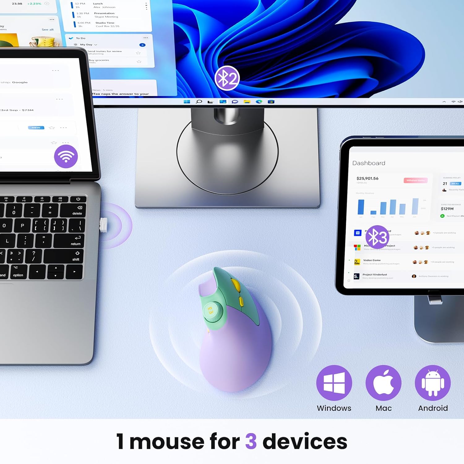 seenda Ergonomic Mouse Rechargeable, Vertical Wireless Mouse with Volume knob, Quiet clicks, 3 Device Connection (Bluetooth or USB), Optical Mice for Windows, PC/Mac- Purple-1