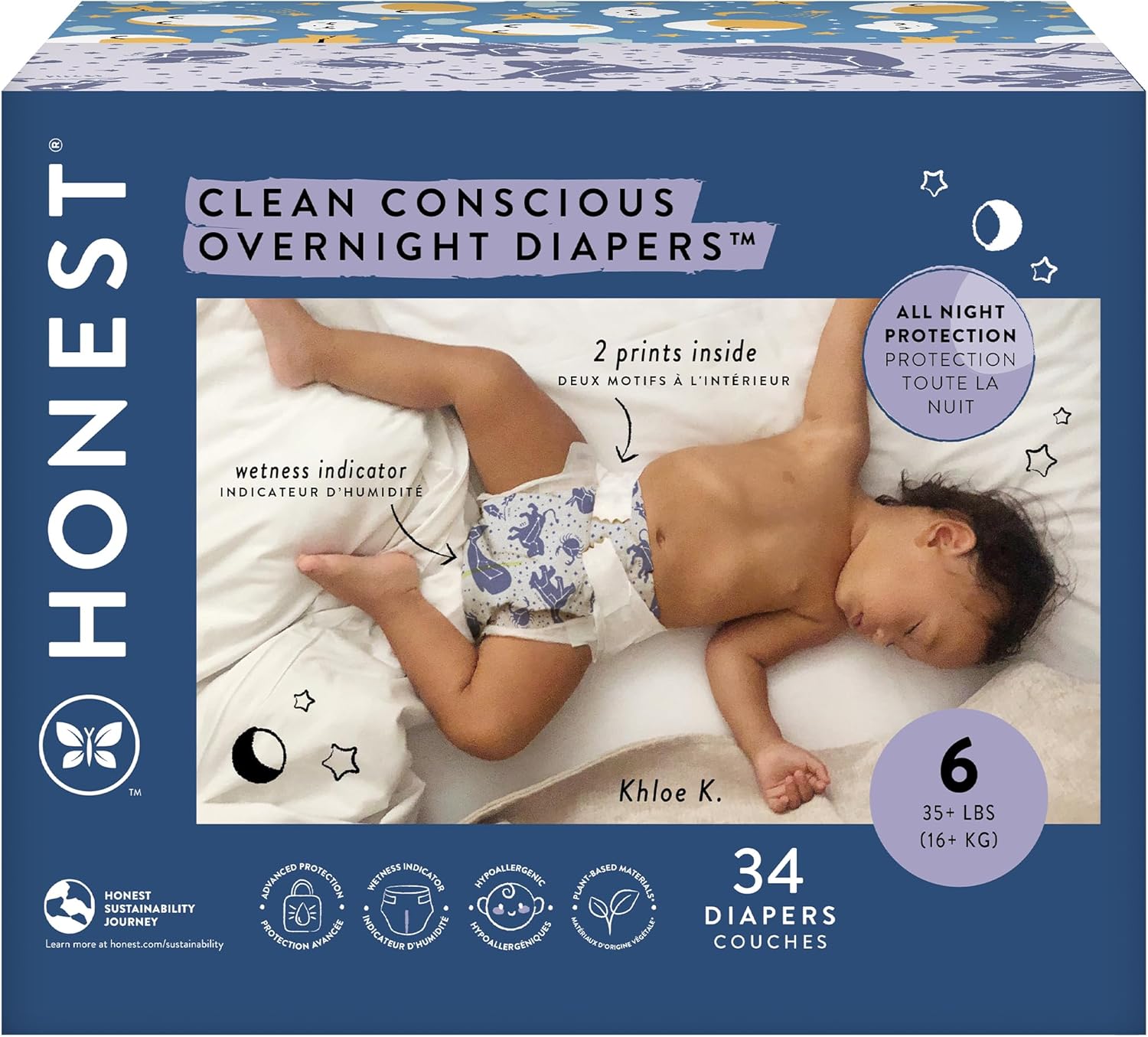 The Honest Company Clean Conscious Overnight Diapers | Plant-Based, Sustainable | Cozy Cloud + Star Signs | Club Box, Size 6 (35+ lbs), 34 Count-0