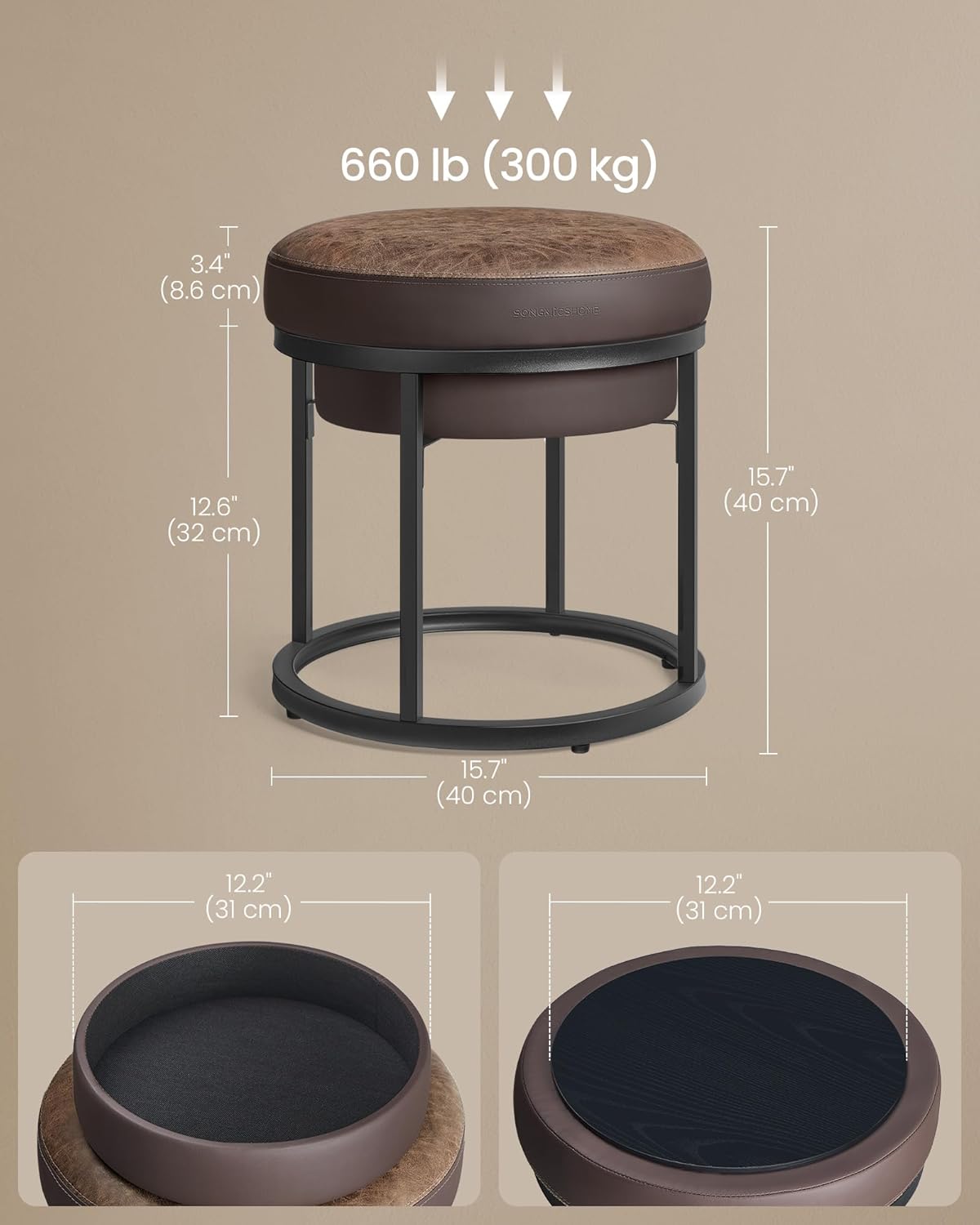 SONGMICS HOME LUIZ Collection - Ottoman Footstool, Round Ottoman, Vanity Chair Stool, Footrest, Reversible Top, Side Table, Max. Load 660 lb, Bedroom Living Room Entryway, Walnut Brown ULOM080K01-1