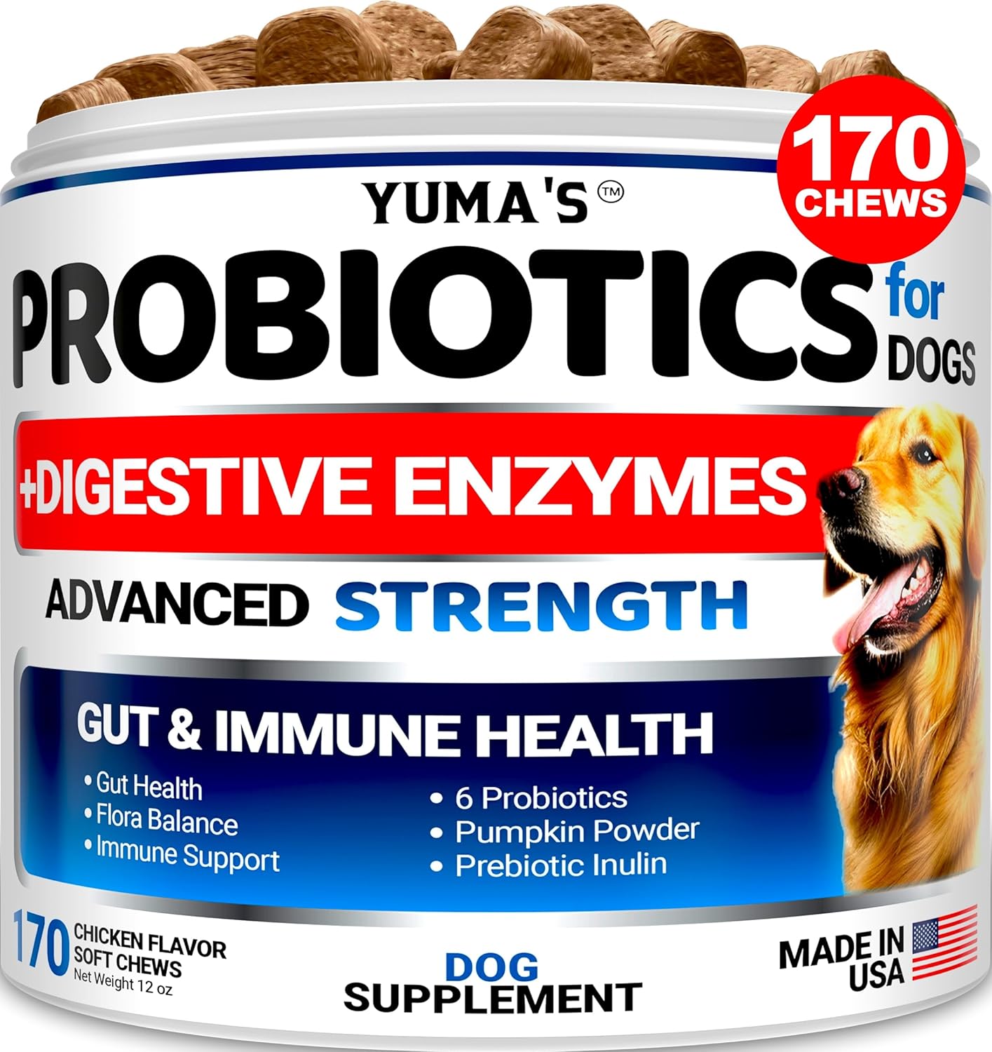 Probiotics for Dogs and Digestive Enzymes - 170 Dog Probiotics Chews - Dog Probiotic - Anti Diarrhea, Upset Stomach & Gas Relief, Constipation, Canine Prebiotic - Pet Fiber Supplement - Gut Health-0