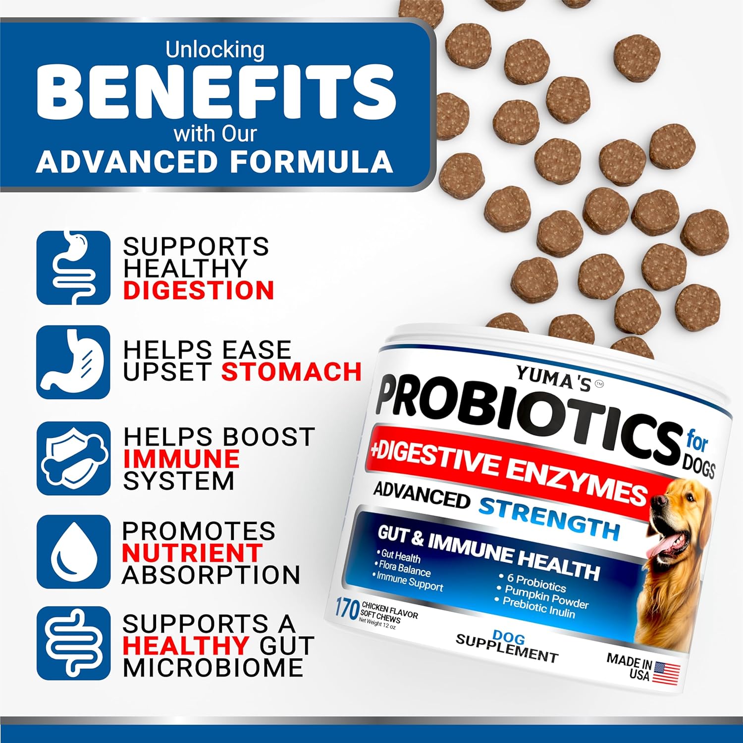 Probiotics for Dogs and Digestive Enzymes - 170 Dog Probiotics Chews - Dog Probiotic - Anti Diarrhea, Upset Stomach & Gas Relief, Constipation, Canine Prebiotic - Pet Fiber Supplement - Gut Health-1