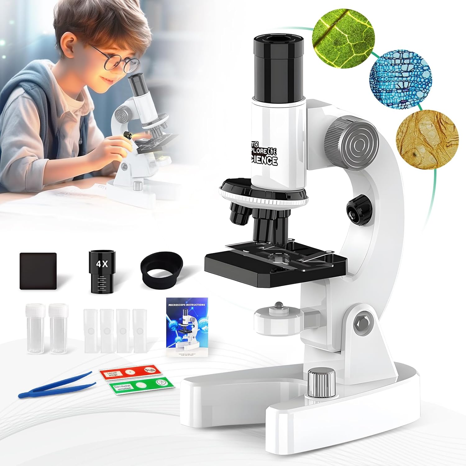 Microscope for Kids Talking Educational Science Kit for Children 200x-4800x with Slides and Accessories (White)-0