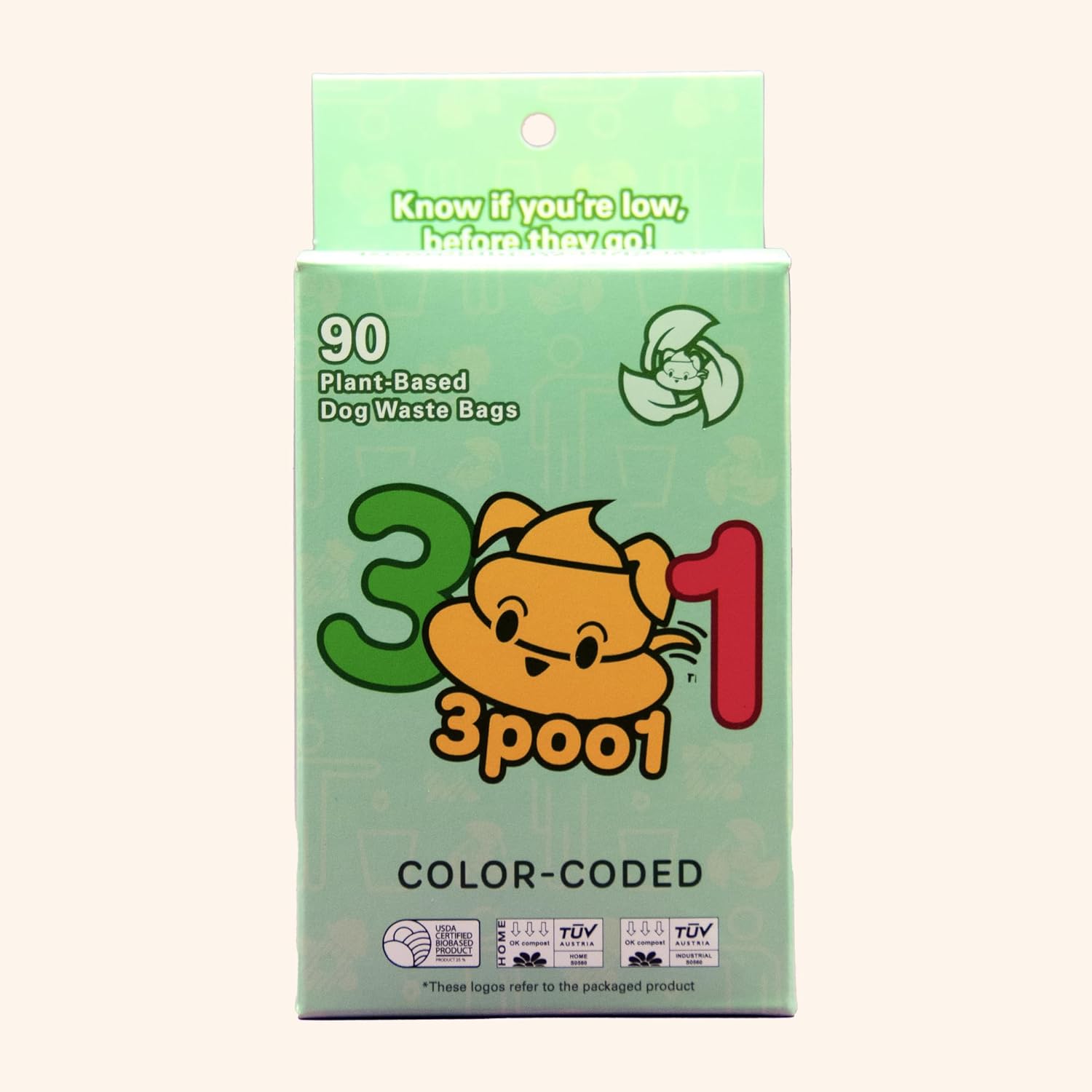 Color-Coded Dog Poop Bags - Made From Certified Compostable Plant-Based Materials - Eco-Friendly, Strong and Extra Thick - 90 bags (6 rolls)-1