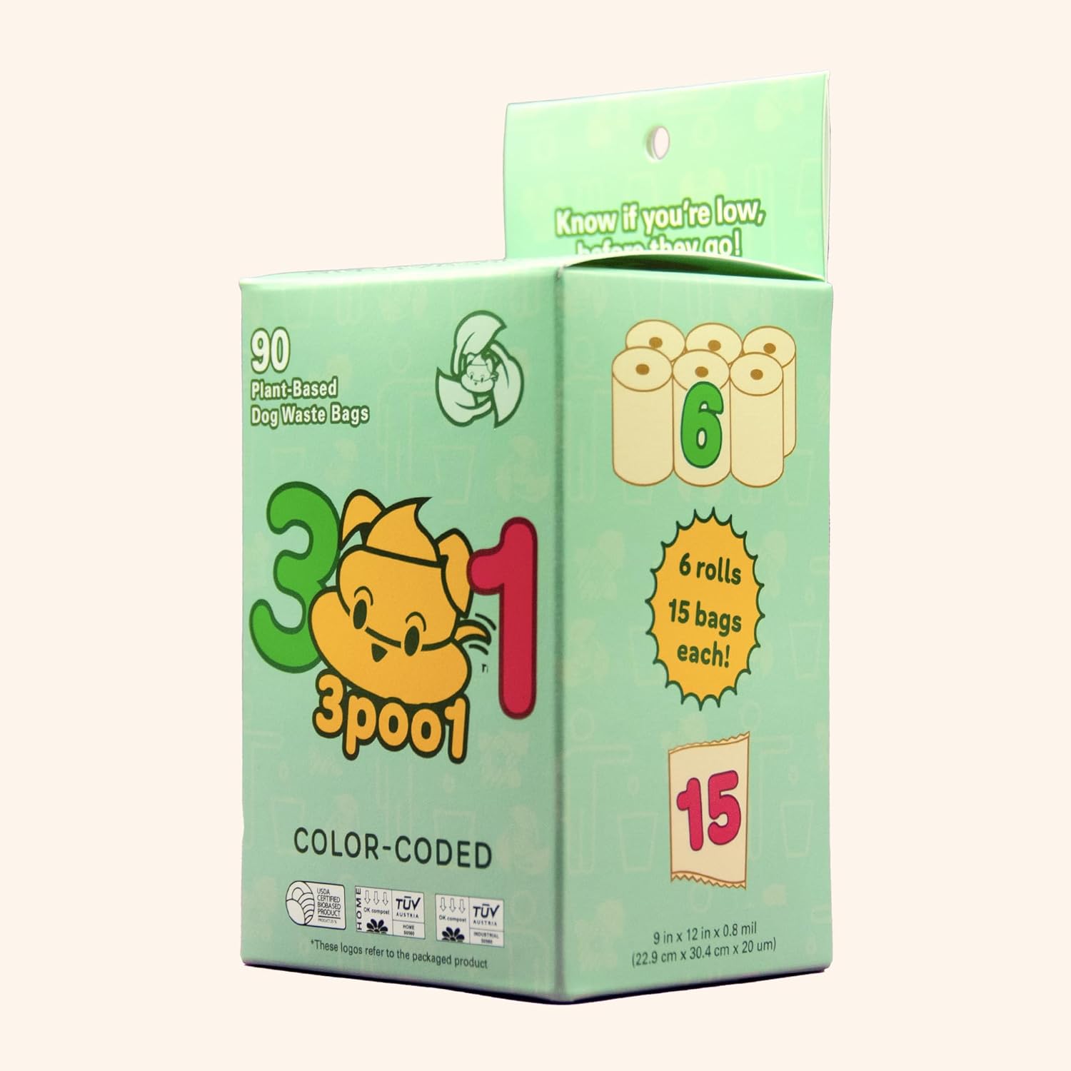 Color-Coded Dog Poop Bags - Made From Certified Compostable Plant-Based Materials - Eco-Friendly, Strong and Extra Thick - 90 bags (6 rolls)-2