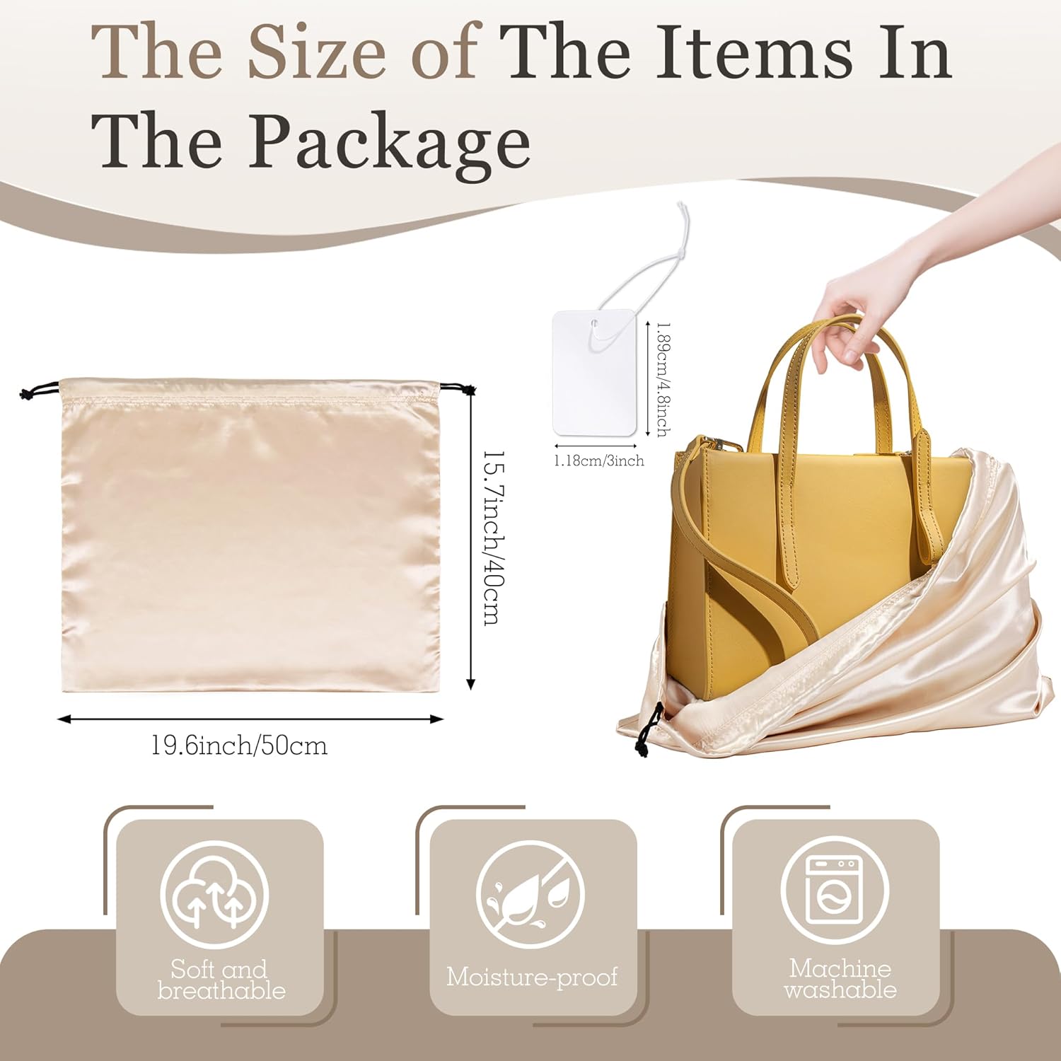 Vonty 3 Pack Silky Dust Bags for Shoes and Purses, Satin Drawstring Bag for HandBags Boots - Beige Shoe Bag Silk Dust Cover Bag Protector Travel Storage Pouch(19.6 x 15.7 In)-2