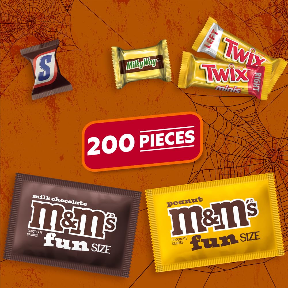 M&M'S Milk Chocolate, M&M'S Peanut, SNICKERS, TWIX & MILKY WAY Milk Chocolate Individually Wrapped Halloween Candy Trick or Treat Variety Pack, 200 Ct Bulk Bag-1