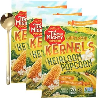 TINY BUT MIGHTY Popcorn Kernels, 125 lb, Unpopped popcorn kernels includes Moofin Golden SS Spoon, Pop Corn Kernels for Popping, Heirloom, non-GMO, Ideal for stovetop or microwave, [Pack of 3]