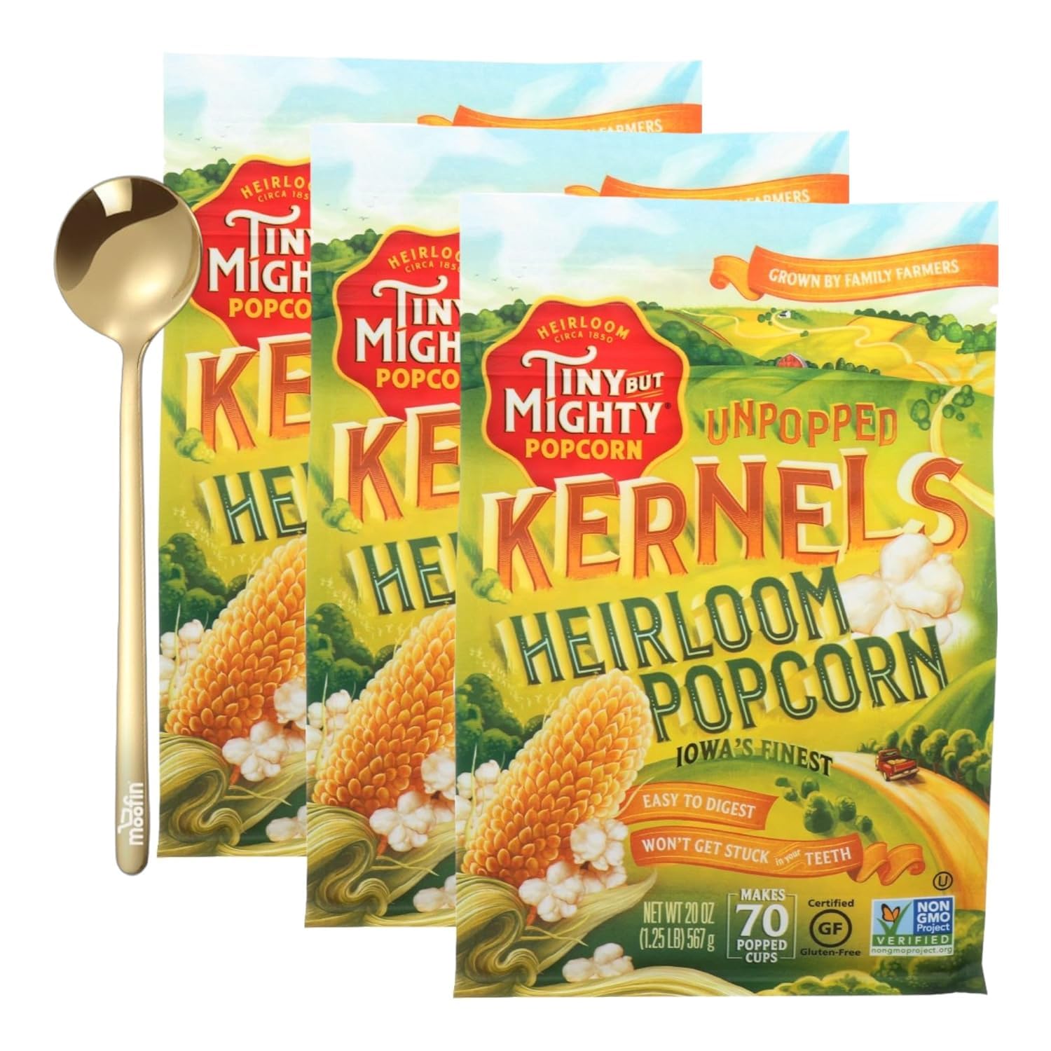 TINY BUT MIGHTY Popcorn Kernels, 125 lb, Unpopped popcorn kernels includes Moofin Golden SS Spoon, Pop Corn Kernels for Popping, Heirloom, non-GMO, Ideal for stovetop or microwave, [Pack of 3]-0