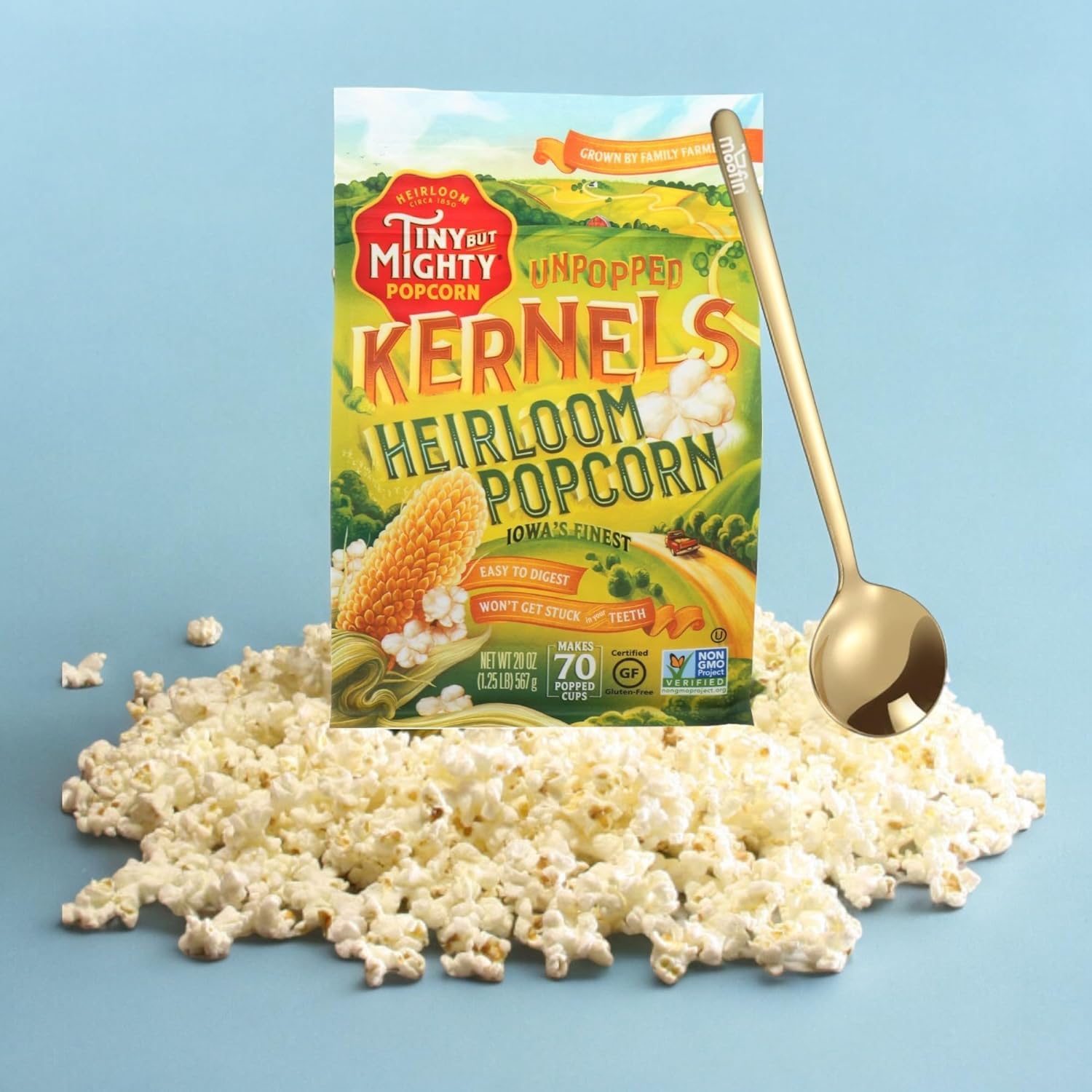 TINY BUT MIGHTY Popcorn Kernels, 125 lb, Unpopped popcorn kernels includes Moofin Golden SS Spoon, Pop Corn Kernels for Popping, Heirloom, non-GMO, Ideal for stovetop or microwave, [Pack of 3]-1