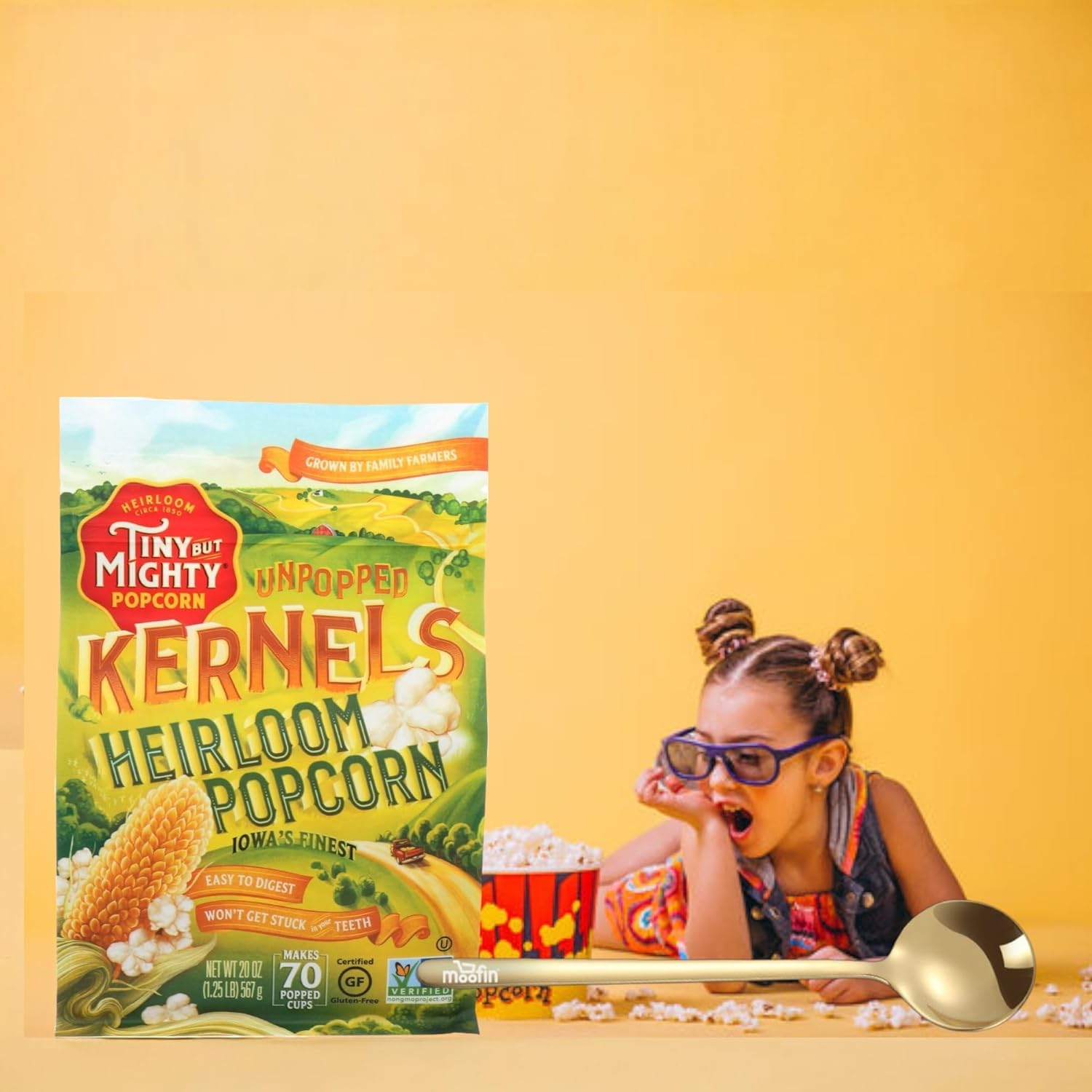 TINY BUT MIGHTY Popcorn Kernels, 125 lb, Unpopped popcorn kernels includes Moofin Golden SS Spoon, Pop Corn Kernels for Popping, Heirloom, non-GMO, Ideal for stovetop or microwave, [Pack of 3]-2