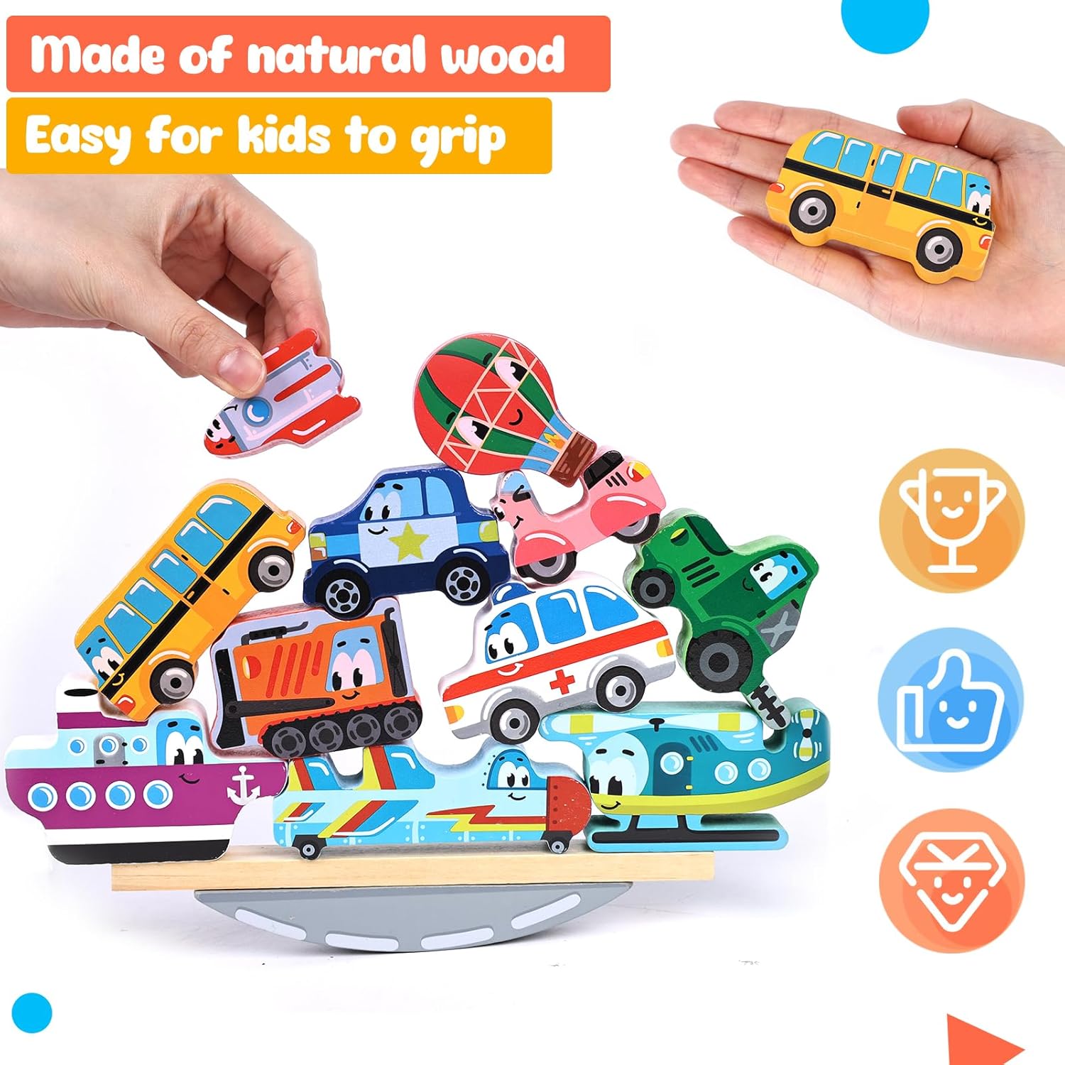 AMOR PRESENT 12PCS Wooden Stacking Toys, Wooden Vehicle Blocks Balance Game Montessori Toys for Kids-2