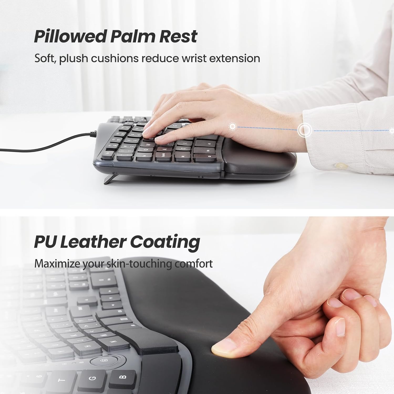 Nulea Ergonomic Keyboard, Wired Split Keyboard with Pillowed Wrist and Palm Support, Featuring Dual USB Ports, Natural Typing Keyboard for Carpal Tunnel, Compatible with Windows Mac-3