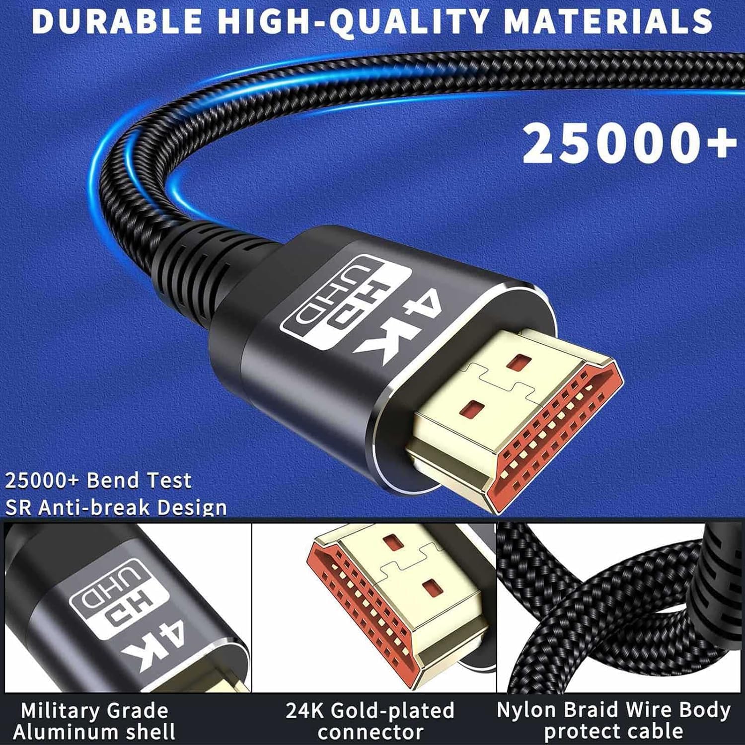 4K HDMI Cable, 2M/6.6FT Ultra High Speed Braided HDMI Lead 18Gbps 2.0 Braided Cord Support 4K@60Hz, ARC, HDR, 3D, Ethernet Compatible with All HDMI Devices-1