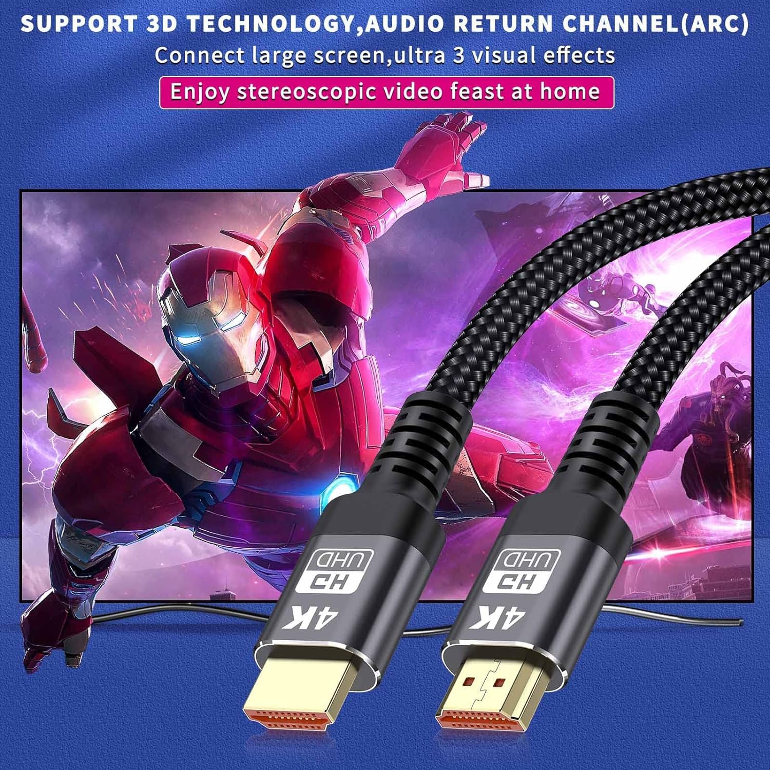 4K HDMI Cable, 2M/6.6FT Ultra High Speed Braided HDMI Lead 18Gbps 2.0 Braided Cord Support 4K@60Hz, ARC, HDR, 3D, Ethernet Compatible with All HDMI Devices-3