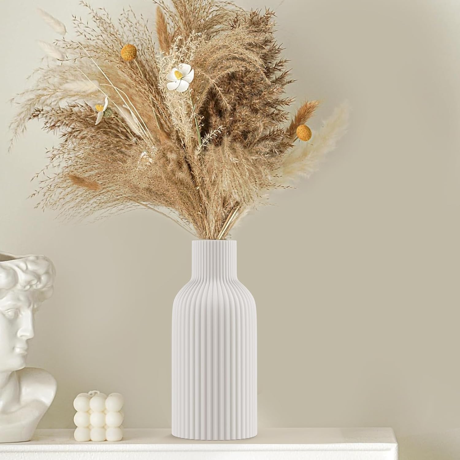 Vase, White Ceramic Flower Vase, Minimalist Modern Home Decor, Matte Finish Pampas Grass Vase for Table, Fireplace, Shelf, Mantel, Entryway and Centerpieces-2