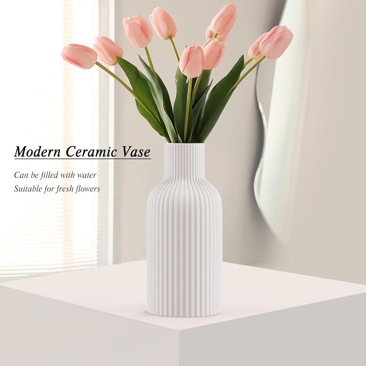 Vase, White Ceramic Flower Vase, Minimalist Modern Home Decor, Matte Finish Pampas Grass Vase for Table, Fireplace, Shelf, Mantel, Entryway and Centerpieces-3