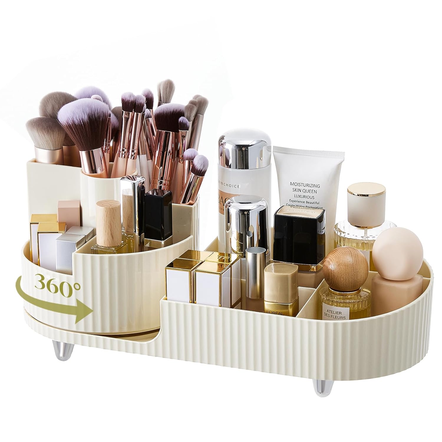 Makeup Organizer with 360° Rotating Makeup Brush Holder, Large Capacity Countertop Makeup Organizer, Skincare Organizer for Vanity, Gifts, Women （lvory）-0