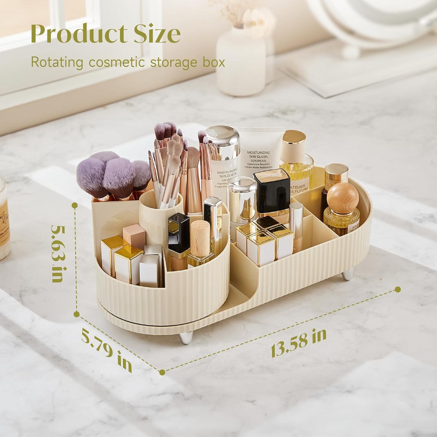 Makeup Organizer with 360° Rotating Makeup Brush Holder, Large Capacity Countertop Makeup Organizer, Skincare Organizer for Vanity, Gifts, Women （lvory）-2