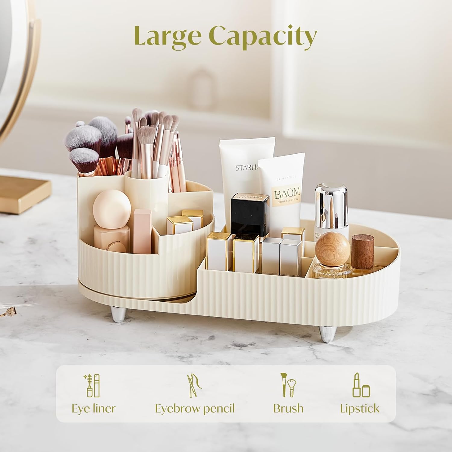 Makeup Organizer with 360° Rotating Makeup Brush Holder, Large Capacity Countertop Makeup Organizer, Skincare Organizer for Vanity, Gifts, Women （lvory）-3