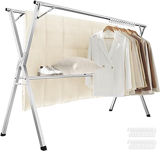 SONGMICS Clothes Drying Rack, Heavy-Duty Laundry Drying Rack, 52.4-78.7 Inches Extendable, Foldable Freestanding Airer, Stainless Steel, for Indoor Outdoor Use, Dove Gray ULLR902E01