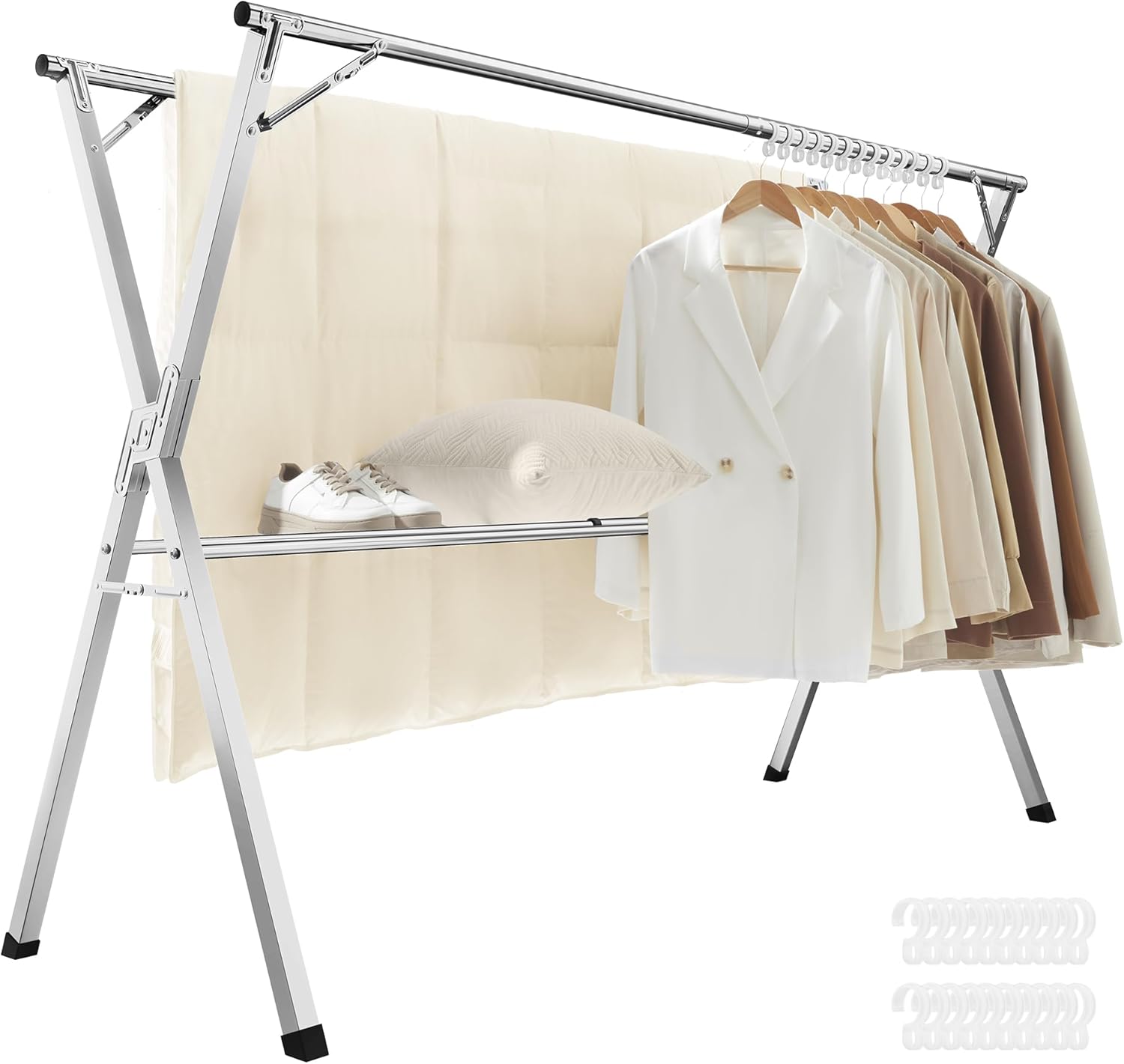 SONGMICS Clothes Drying Rack, Heavy-Duty Laundry Drying Rack, 52.4-78.7 Inches Extendable, Foldable Freestanding Airer, Stainless Steel, for Indoor Outdoor Use, Dove Gray ULLR902E01-0