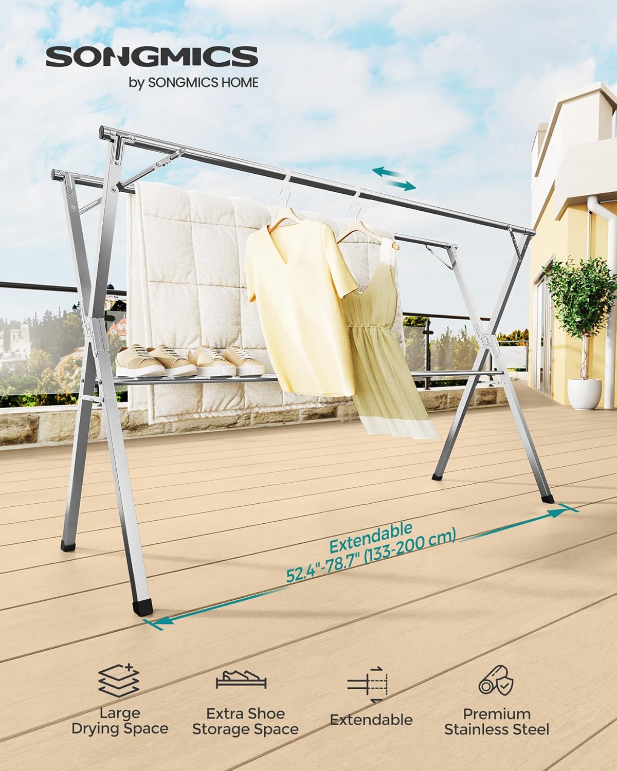 SONGMICS Clothes Drying Rack, Heavy-Duty Laundry Drying Rack, 52.4-78.7 Inches Extendable, Foldable Freestanding Airer, Stainless Steel, for Indoor Outdoor Use, Dove Gray ULLR902E01-1