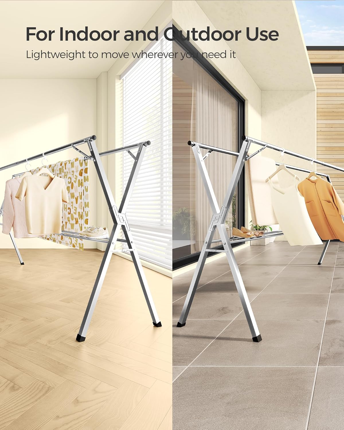 SONGMICS Clothes Drying Rack, Heavy-Duty Laundry Drying Rack, 52.4-78.7 Inches Extendable, Foldable Freestanding Airer, Stainless Steel, for Indoor Outdoor Use, Dove Gray ULLR902E01-3